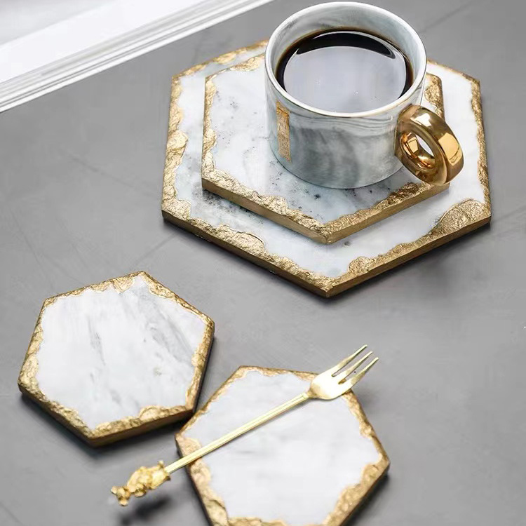  Wholesale Gold And White Hexagon Marble Tea Cup Coaster Mats
